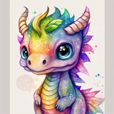 a watercolor painting of a Tiny cute adorable baby dragon looking directly into the camera and slightly smiling, dragon has little braid of hair in the centre, rainbow color, watercolor painted effect skin, intricate details, glass eyes, skip has watercolor painting effect, soft cinematic lighting, 8k, portrait, Pixar style character, pokemon anime style octane render, upper body only, inspired by Hanns Katz, logo, pastel colors, liquid cooled, 70's, clipart, chill out, retro, full body, white b
