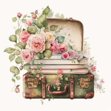 watercolor vintage stacked open suitcase filled with papers clipart surrounded by pink roses and delicate vines white background