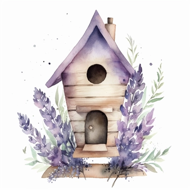 Clipart, lavenderaround wooden bird house, watercolor, whimsical, enchanting, nostalgic, minimalistic