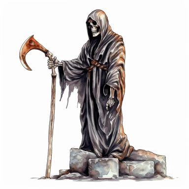 Grim Reaper hold the scythe, standing next to the tombstone, skulls Sublimation Clipart, watercolor Illustration clipart, 4K, extremely detailed, isolated on white background