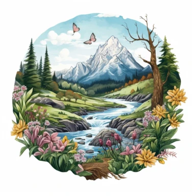 professional gouache hand-painted illustration of Mountain River in the middle surround by trees, flowers, plants, spring, focus on the mountain, Landscape clipart, hiking, nature, camping, white background, natural form, very detailed, deep colour, 8k