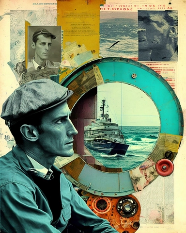man from the 1950s, 30 year old man, mixed media, cruise ship, ocean, collage, arts and crafts, mixed media, music, magaine style, retro, vintage, sitting in wheel chair, surreal, newspaper clippings, layered collage, spiral composition, scrapbooking, 8k, collage, scrapbook, photography