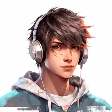 beautiful stunning handsome cute anime gamer young man, paint art style, clipart, white background, superrealistic, one of a kind