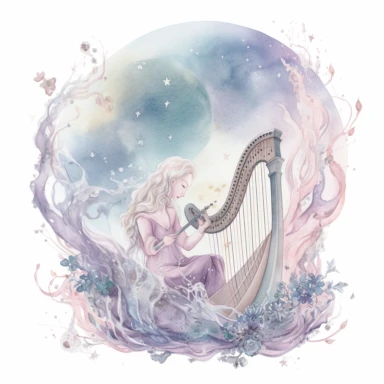 watercolor, hyper realistic, white background, white margins, 16k, ultra detailed clipart, cut out image, hand-drawn, whimsical a musician playing a harp under a starry sky, surrounded by floating musical notes. Create a dreamy atmosphere with a color scheme consisting of delicate pastel shades like lavender, mint green, baby blue, and pale pink.