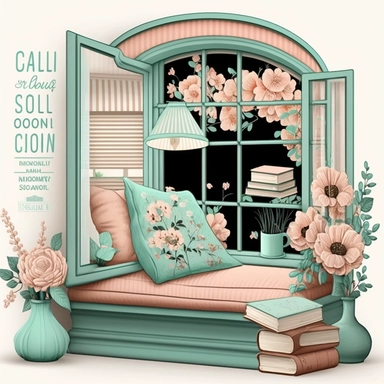 Bookworm cozy reading corner, flowers, window, mint and peach color, clipart