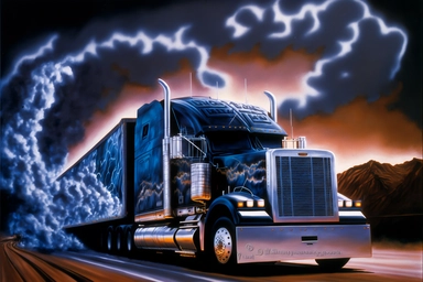 High-Definition Airbrush Clipart, a souped-up semi truck cuts a path of blistering rubber down the tarmac of Old Glory Causeway. The 'Rocky Mountain Bull Hauler' is behind the wheel and hauling a heavy load. The flames light the night against the tarmac in the blazing-fast truck's wake. The night is dark and blue and the storm is coming in. The Riders are on The Storm as it comes rolling in through the wide open great plains. This is one MEAN son of a gun. Tobacco spittle stains the dashboard an