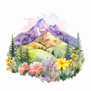 watercolor of a gorgeous spring mountain in shades of soft pastel pink, fresh green, sunny yellow, and delicate lavender, png clipart, on white background