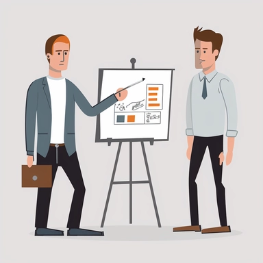 create a clipart for a presentation showing employee being mentored by his manager showing something on a whiteboard. Both are wearing a casual outfits.