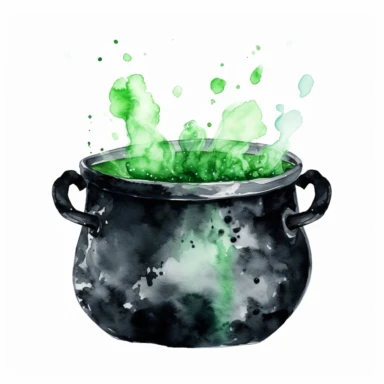 witch cauldron in black with green ooze, watercolor png clipart on a white background