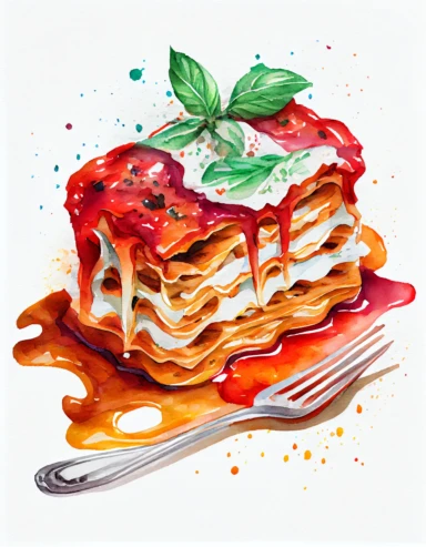 detailed watercolor lasagna on a plate, realistic, isolated on white background, clipart