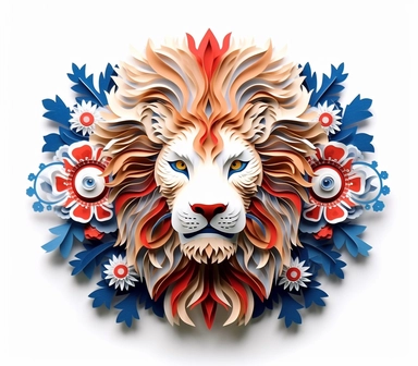 Beautiful Patriot 3D Paper Cut Flower lion For 4th Of July Sublimation Clipart,Cartoon, hyper realistic, intricate detail, illustration style,high solution,on the white background , 32k resolution, ultra high definition