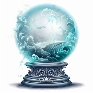 Create an enchanting clipart of a mystical crystal ball against a pristine white background. The crystal ball should have a soft, ethereal glow, held within an intricately carved pedestal. Depict swirling mists and vivid visions within the crystal ball's translucent depths.