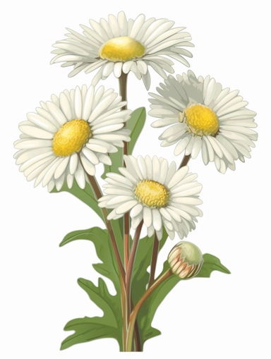 Isometric Sticker Clip Art of daisy flowers, Bellis perennis, long stem, children friendly, illustrated in a playful and realistic style, perfect for any special occasion, cut out in the shape of daisy flowers, with no visible background, giving it the appearance of a sticker, conveying a mystical and whimsical mood, edited with Adobe Photoshop to adjust brightness and contrast, rendered as a transparent PNG file with a high resolution to ensure a crisp and clear image with no pixelation, suitab