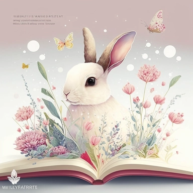clipart, hand painted, watercolor, vectors, sharp focus, highly detailed, snow Rabbit reading book ,smile on the face,beautiful pink eyes,Chinese New Year, happy Celebration, bright background,Colorful butterfly behind, Cute, Cheerful, Disney style, flowe