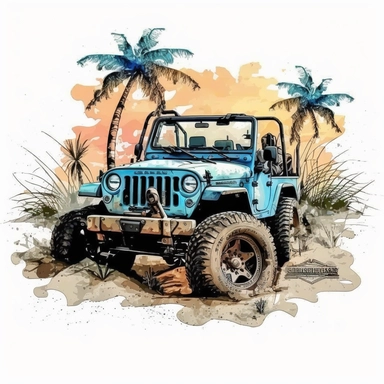 Beach Jeep Watercolor Sublimation Clipart ,Cartoon,hyper realistic, intricate detail, illustration style,high solution,on the white background