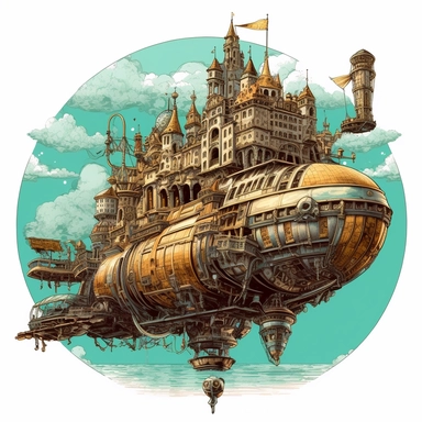 steampunk airship flying above atlantis, vintage, clipart