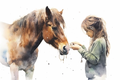 realistic watercolor drawing of a girl hand feeding a pony on a charming farm, on a white background where the background will be removed to repurpose as a clipart, vibrant color watercolors, love, realistic watercolor painting style