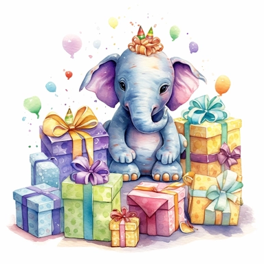 one birthday gift clipart on a white background, in the style of realistic watercolor paintings, toycore, fantastical compositions, characterized animals, tonal variations in color, highly detailed illustrations, no watermark, text, words, paintbrush , 300 DPI , typography, the images do not stick together, no text in the picture