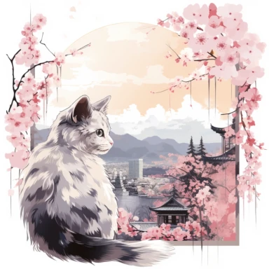 Watercolor Cute Ragdoll Cat sitting at her back in a wide window, and watching Mount Fuji in Japan, Chureito Pagoda and Spring cherry blossoms, lake reflection of everything, architecture of houses, cherry blossoms, pink leaves flying in the air, By Yuzo Komori. Clipart, clean line, on white background, spaced out, with enough space around.