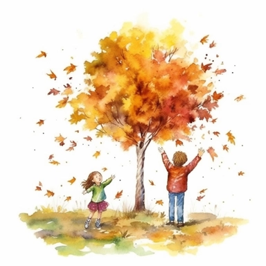 watercolor style, realistic autumn scenery, kids throwing leaves under the autumn tree, kids close up, clipart, isolated on white background, 4K
