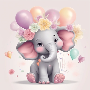 a detailed very colorful vector Clipart image sticker of a beautiful majestic magical floral smilling baby elephant and pastel pink balloons colors holding balloons with a white background, pastel light colors, fall colours, gold ropes, photorealistic, cinematic, Cinematic, Color Grading, Editorial Photography, Photography, Photoshoot, Shot on 70mm, Ultra-Wide Angle, Depth of Field, DOF, Tilt Blur, Shutter Speed 1/1000, F/22, Gamma, White Balance, Neon, Light, Dark, Light Mode, Dark Mode, High C