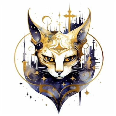 clipart watercolor creepy magical gold cat with crescent moon and stars, black white gold colors, fantasy, detailed, white background, illustration painting, collaged constructions, digital art, in the style of sculptural and geometric, forced perspective drawings, Geometric brushstrokes form an intriguingly abstract, painterly figure
