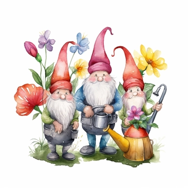 Spring 3Gnomes Bloom Butterfly Watercolor Clipart, a delightful illustration of three gnomes with brightly colored caps, one holding a blooming flower, another chasing a butterfly, and the third holding a watering can, all set against a clean white background, embodying the warmth, vitality, and joy of spring, Illustration, created using digital watercolor brushes to simulate the soft blending and vibrant hues of traditional watercolor