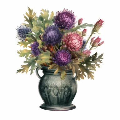 a watercolor of a realistic multicolored thistles bouquet in a victorian jar, victorial style, vector free clipart illustration, in the style of unreal engine 5, 32k uhd, detailed features, white background