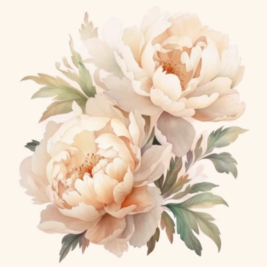 two white and beige watercolor Peony with leaves in the background, soft muted color, clipart, multiple flowers in a bouquet, different composition, ultrarealistic, high details, emotive fields of color, charming illustrations, bloomcore, fairycore, soft color, whimsical, isolated on white background
