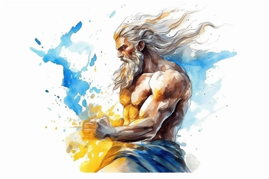 watercolour Greek God Zeus, holding a lightning bolt, clipart hd, white background,