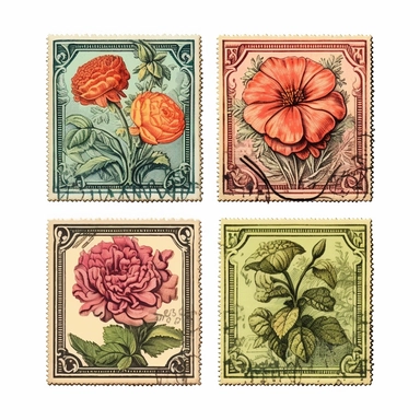 a set of four vintage floral stamps, collection, with margins, clipart, isolated on solid white background