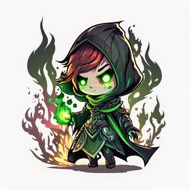 chibi female warlock in dark robes surrounded by green flame, dungeons and dragons, clipart