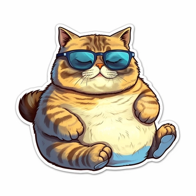 clipart of a fat cat wearing a sunglasses sticker style, white background