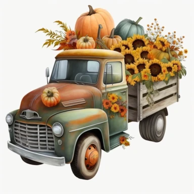 Vintage truck car loading halloween pumpkins, pumpkins and sunflowers, Sublimation Clipart, on a white background