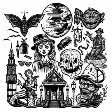 a set of eclectic maximalist black line clipart inspired by Peter Pan and Nightmare on Elm Street