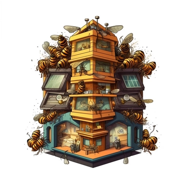 A close-up view of a modern Langstroth hive, showcasing its modular design and bees entering or exiting through the hive's entrances. (Digital drawing clipart, image black border color, full body, flat texture, transparent background)