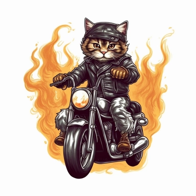 Draw a clipart of a cat with a leather jacket and retro helmet performing a stunt on a motorcycle, such as a wheelie or jumping through a ring of fire. Low detail. White background, soft lighting. In the style of Bob Ross
