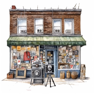 watercolor, hyper realistic, white background, white margins, 16k, ultra detailed clipart, cut out image, hand-drawn vintage camera shop with a brick storefront and a window display of antique cameras and equipment.