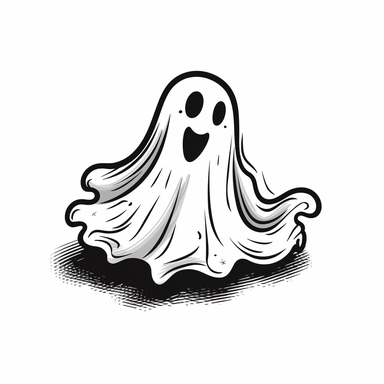 clipart, ghost graphic, cartoony, black vector print, white transparent background