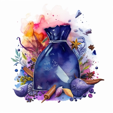 high level watercolor, hyper realistic, white background with margins, 8k, ultra detailed clipart, A pouch of enchanted spices, with magical, swirling scents that evoke vivid memories and emotions, midnight blue, cool, fairy