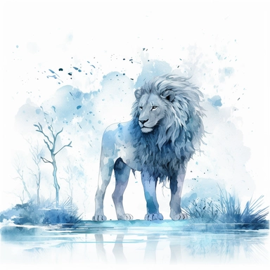 High level watercolor, hyper realistic, white background with margins, 8k, ultra detailed clipart, large, futuristic, A lion king of forest walking, its frosty breath creating swirling snowflakes and ice formations in the air, fairy, cool, pastel blue
