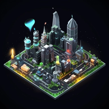 isometric perspective, game sprite, futuristic city park concept, gaming asset, sci-fi, fun, creative, cartoon, clipart, hyper-detailed, black background,