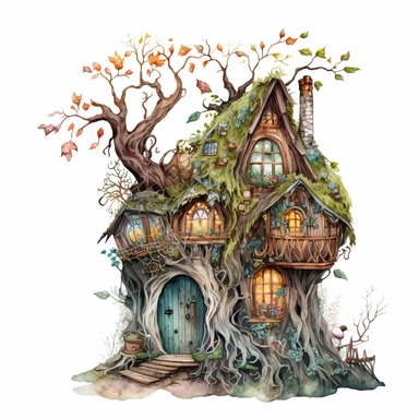 watercolor perfect detailed complicated fairy house clipart with white background realistic colors, white background