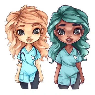 Cute cartoon nurses, both male and female, wearing scrubs, with different hair colors and skin tones, watercolor png clipart on a white background