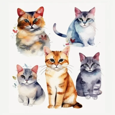 6 watercolor clipart cats,on lovely white backgroundspaced ,spaced out ar 3:2