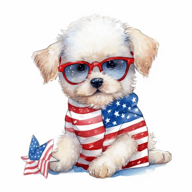 watercolor illustration, cute 1st of July clipart, detailed doodle, white background, adorable doodle clipart USA , highest resolution