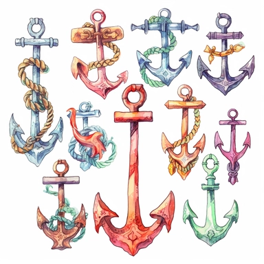 many big old designed Anchors in watercolor Style, Clipart, white background