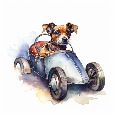 a dog driving a racing car, watercolour, clipart, white background