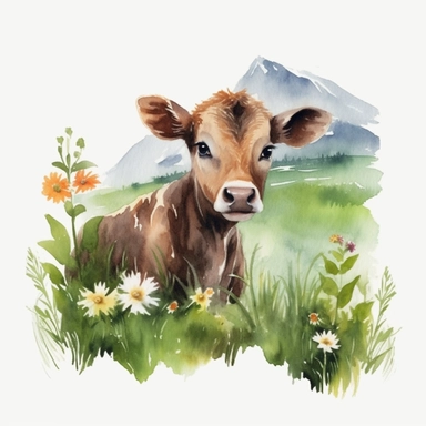 realistic watercolor baby cow sitting on the green grass with flowers with a nice mountain hill background on solid white background, clipart