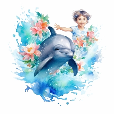 watercolor boys and girls swimming with dolphins, roses clipart on white background